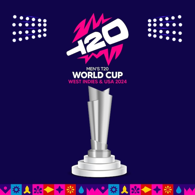 Tema della Coppa del Mondo T20 con la luce dello stadio del trofeo Abstract Background