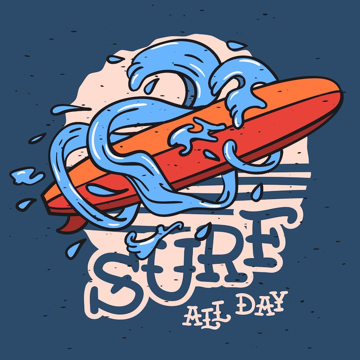 Vettore tema di surf con tavola da surf longboard e onde d'acqua disegnati a mano. illustrazione d'annata