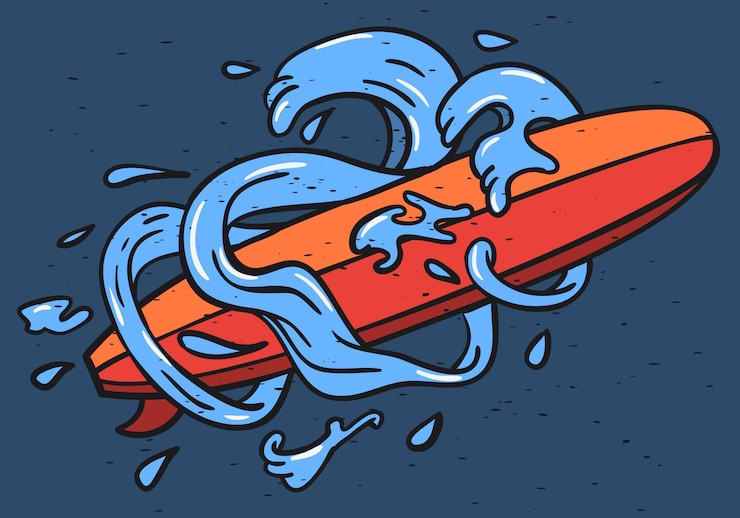 Vettore tema di surf con tavola da surf longboard e onde d'acqua disegnati a mano. illustrazione d'annata