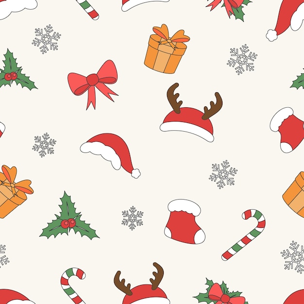 Tema natalizio line art doodle cartoon pattern illustrazione senza giunture Buon Natale