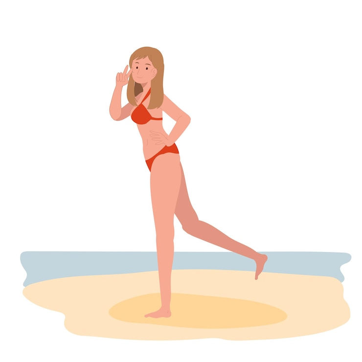 Vettore tema vacanza estiva al mare ragazza felice in bikini sull'illustrazione vettoriale beachflat