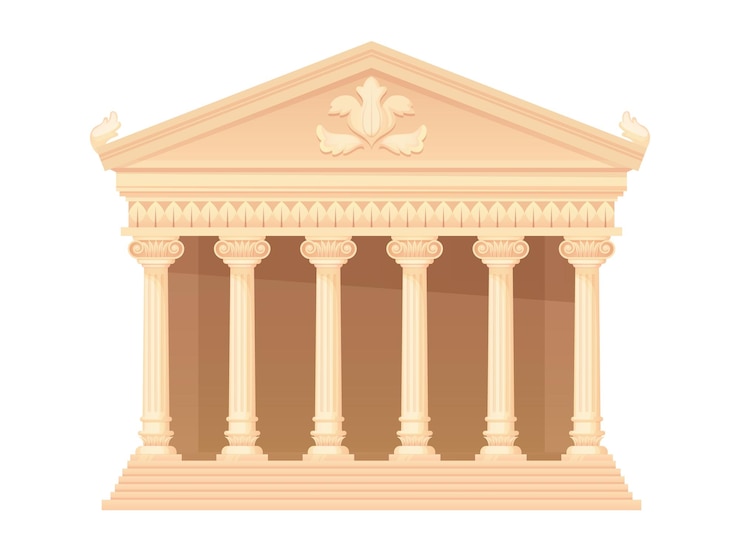 Vettore tempio greco antico edificio del partenone dell'acropoli o diritto della casa romana e architettura del palazzo del tribunale di giustizia con colonna di marmo struttura in pietra geniale illustrazione vettoriale della costruzione della colonna greca