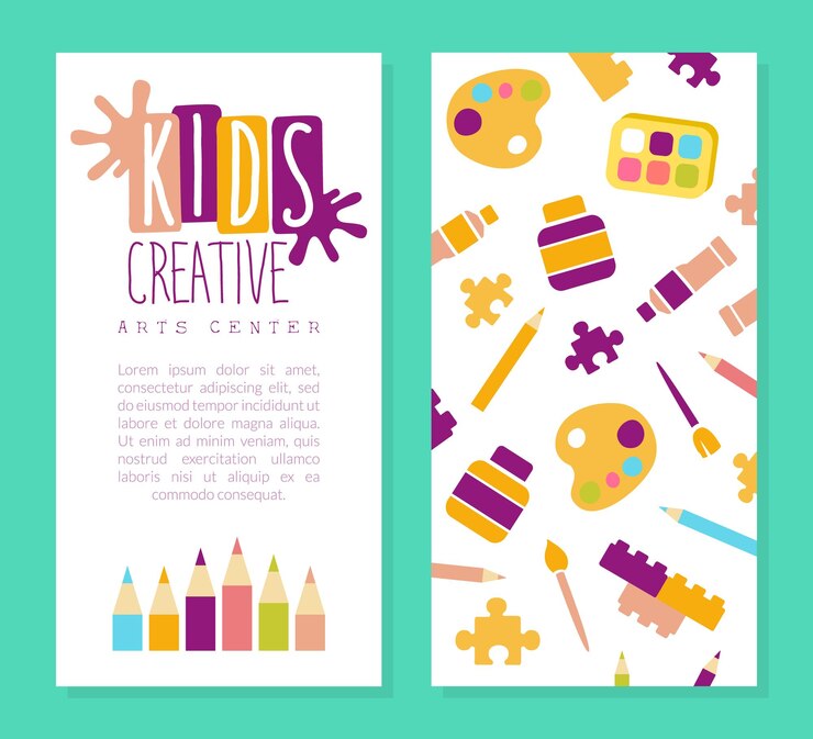 Vettore template di biglietti da visita creative arts center kids education art craft creativity class school design cartoon vector illustration