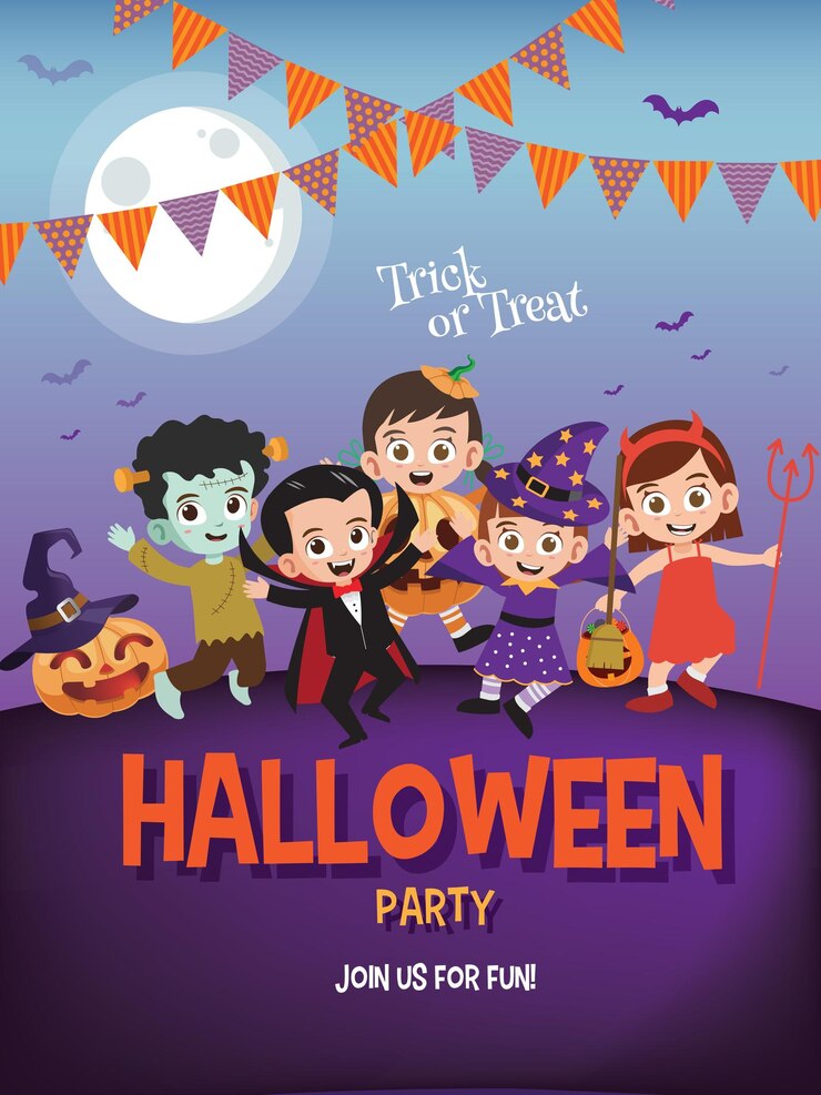 Template di design vettoriale per la festa di Halloween con costumi di Halloween per bambini carini