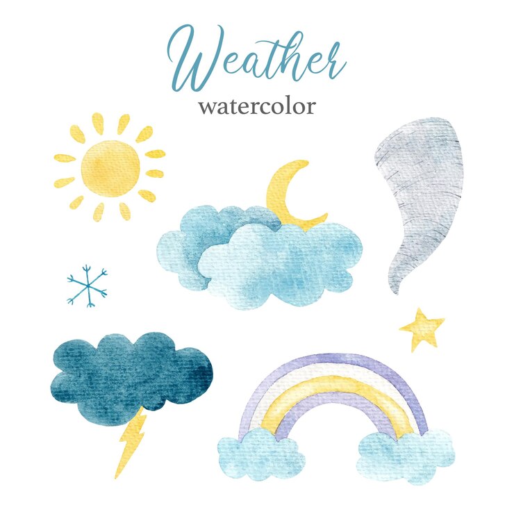 Tempo dell'acquerello set sole luna arcobaleno nuvole tornado temporale pioggia fiocco di neve stella
