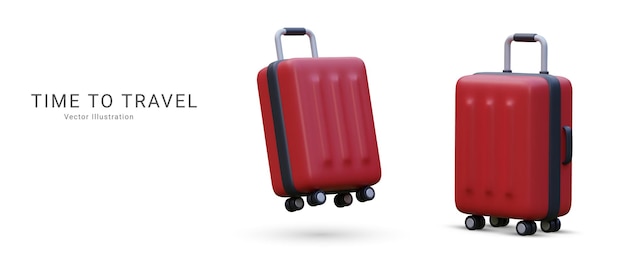 Tempo di banner di marketing per viaggiare in stile realistico 3d con illustrazione vettoriale valigia