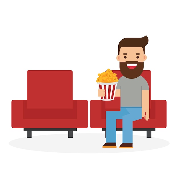 Tempo di film Giovane al cinema con popcorn