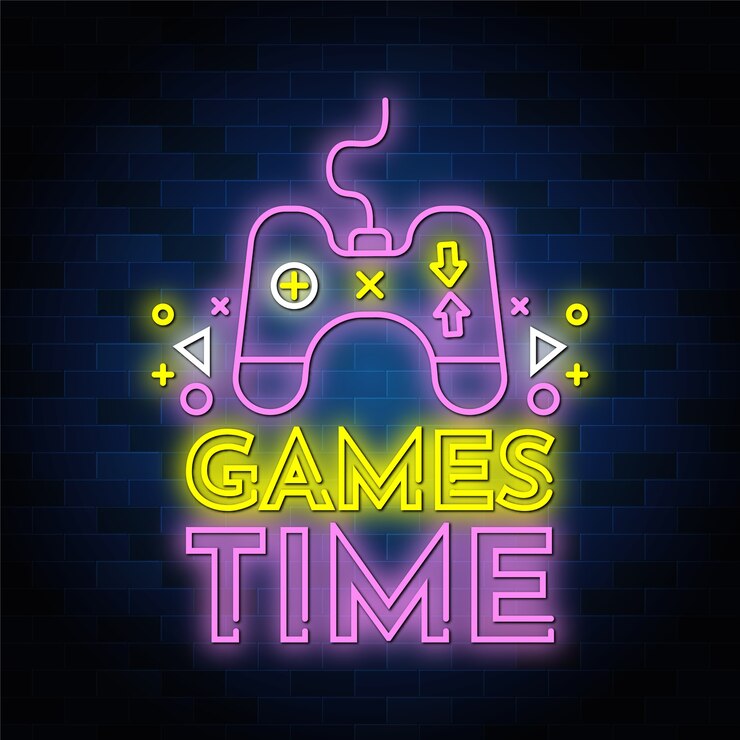 Vettore tempo di gioco insegne al neon in stile testo con un joystick