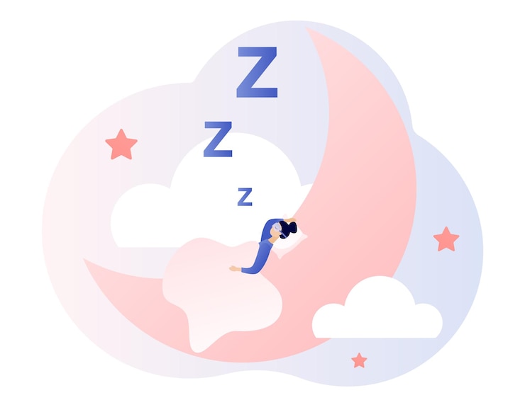 Vettore tempo di sonno sogni d'oro buona salute e lavoro dei ritmi biologici la piccola ragazza dorme in maschera