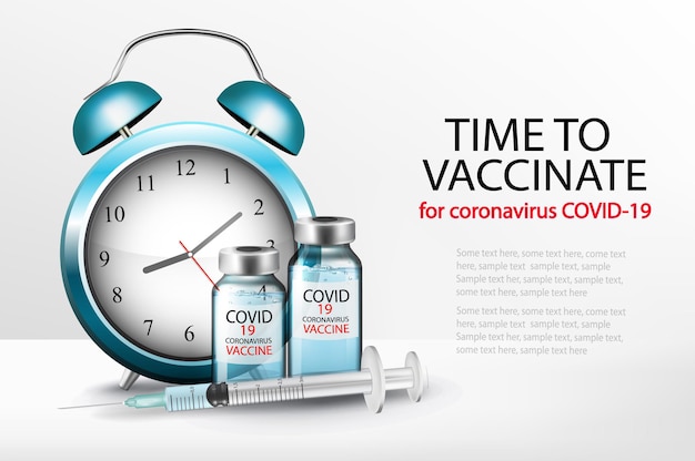 Tempo per vaccinare il concetto. Vaccinazione contro il virus corona covid-19 con strumento di iniezione a siringa per il trattamento di immunizzazione covid19. Vettore