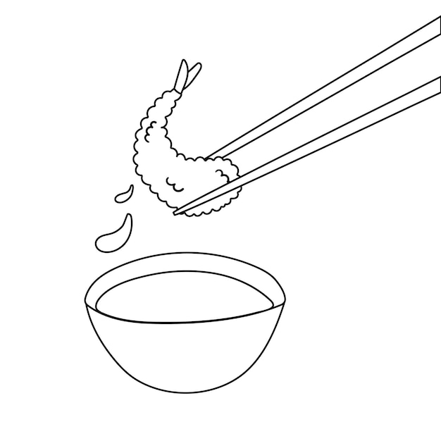 Tempura nelle bacchette e salsa di soia Immagine piatta del fumetto vettoriale isolata su sfondo bianco