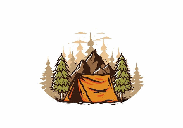 Tenda da campeggio di fronte alla montagna e tra i pini
