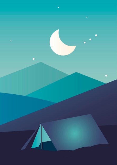 Tenda da campeggio nella progettazione dell'illustrazione di vettore di scena del paesaggio di notte di aventure