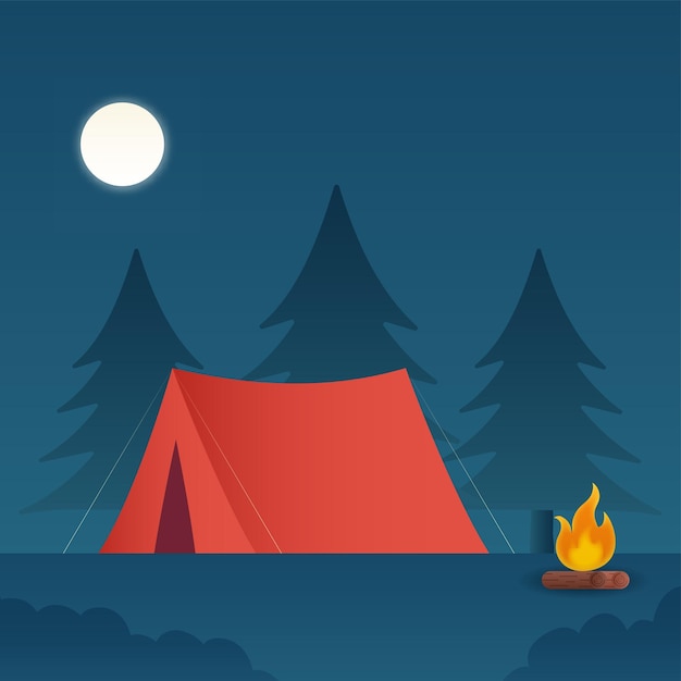 Tenda da campeggio rossa con falò su sfondo blu albero di luna piena