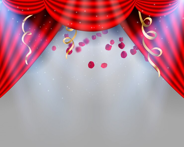 Tende rosse fanno da scena teatrale, petali di rosa e serpentino. Sfondo di palcoscenico teatrale, festival e celebrazione.