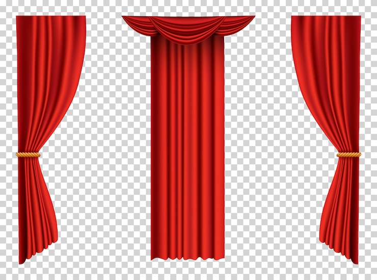 Vettore tende rosse realistiche. decorazione in tessuto di seta per teatro per cinema o teatro dell'opera. oggetto d'arredo per tende e tendaggi. isolato su trasparente per palcoscenico