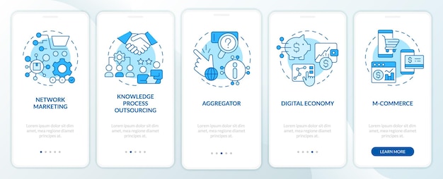 Tendenze aziendali emergenti blu onboarding schermata dell'app mobile