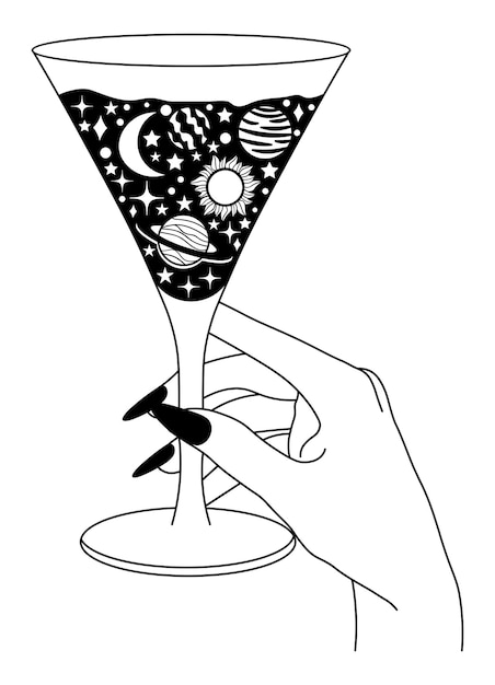 Tenendo una mano di vetro martini con un bicchiere