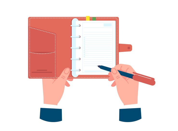 Tenere in mano la carta pianificatore giornaliero Scrivere nell'organizzatore Prende appunti con la penna Pianificazione dei compiti e degli obiettivi Organizzare la scadenza e l'agenda Aprire il blocco appunti nelle braccia Gestione del tempo Concetto vettoriale