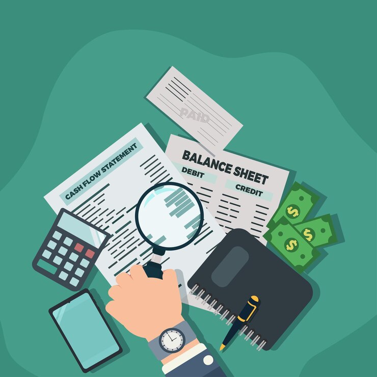 Tenere in mano la lente d'ingrandimento con lo smartphone del calcolatore di denaro del rendiconto finanziario del bilancio e l'illustrazione di vettore della ricevuta