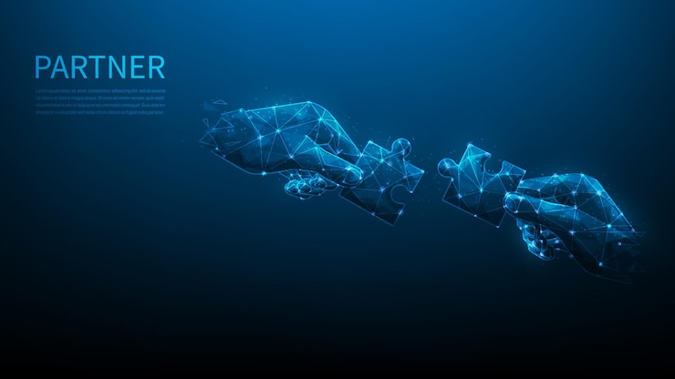 Vettore tenere in mano la tecnologia digitale del puzzle blu su sfondo scuro partner commerciali e soluzione.