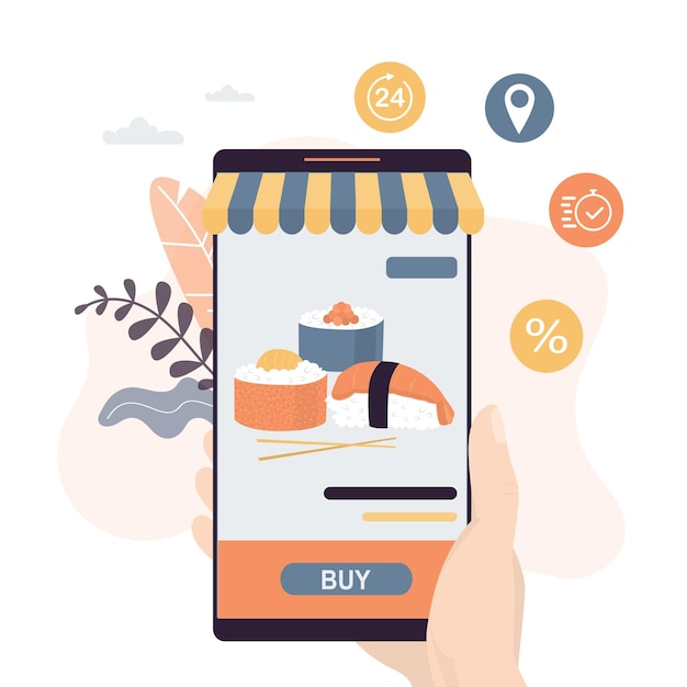 Tenere in mano uno smartphone moderno Comprare e pagare il sushi in un'applicazione sul telefono cellulare