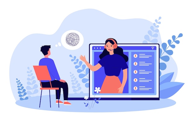 Terapia online per persone con confusione in testa. Conversazione di psicologa femminile con auricolare e illustrazione vettoriale piatta uomo. Concetto di psicologia per banner, progettazione di siti Web o pagina Web di destinazione