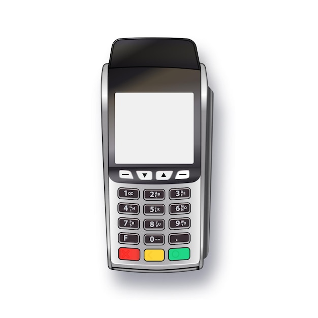 Terminale della macchina di pagamento Modello di progettazione del terminale di pagamento bancario Mockup Vector Realistic Silver isolato su sfondo bianco
