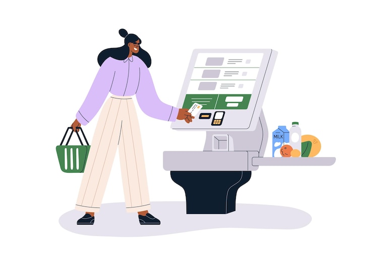 Vettore terminale di cassa self-service in un negozio di alimentari cliente che compra che paga per le merci al chiosco macchina con schermo e scanner al negozio illustrazione vettoriale piatta isolata su sfondo bianco