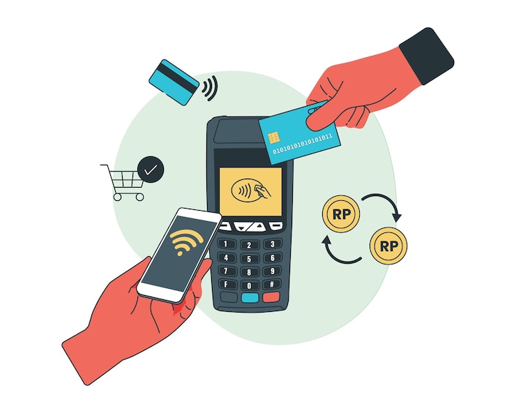 Vettore terminale di pagamento con carta di credito e illustrazione di telefono cellulare per il concetto di pagamento senza contatto