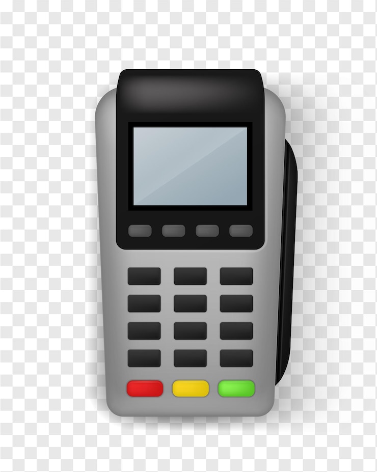 Vettore terminale di pagamento realistico. vista frontale del terminale pos senza contatto, servizio finanziario e attrezzatura finanziaria elettronica bancaria, pagamenti con carta di credito, illustrazione vettoriale isolata mockup 3d dello schermo vuoto