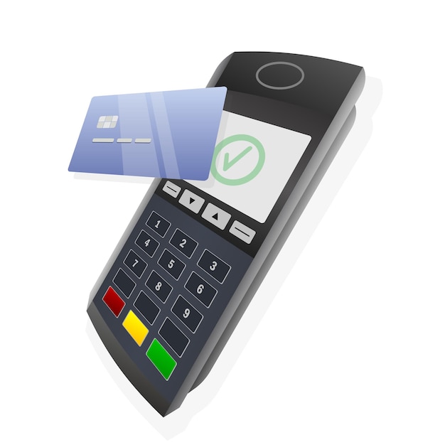 Terminale POS realistico con carta bancaria Illustrazione vettoriale Terminale con tick sugli schermi Vettore