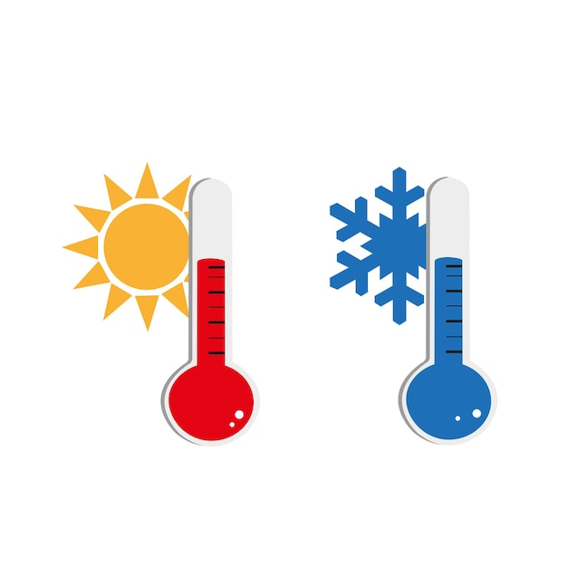 Termometri che mostrano temperature calde e fredde con un sole e un fiocco di neve su sfondo bianco