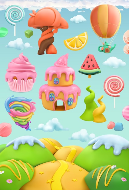 Terra di caramelle dolci, set di oggetti vettoriali 3d. Illustrazione di arte di plastilina