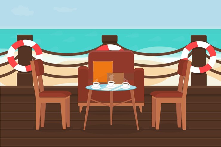 Vettore terrazza del ristorante con sedie e tavoli su una spiaggia di sabbia vicino al mare