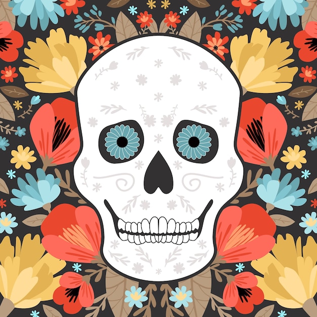 Teschio umano su uno sfondo floreale Cartolina del Giorno dei Morti Illustrazione piatta vettoriale moderna