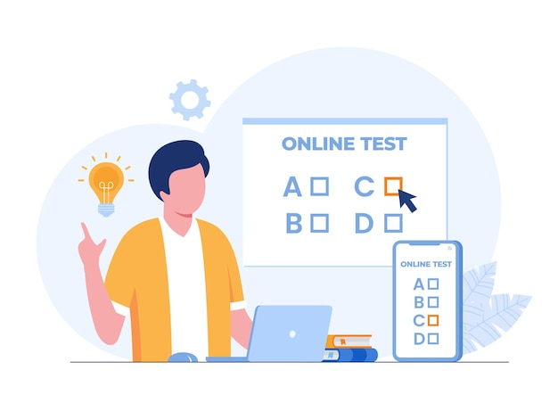 Test online e controllo delle risposte esame test quiz studente test dipendente questionario piatto illustrazione vettoriale banner