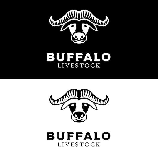 Testa di bufalo con grande corno per bestiame e logo della macelleria in stile silhouette vintage
