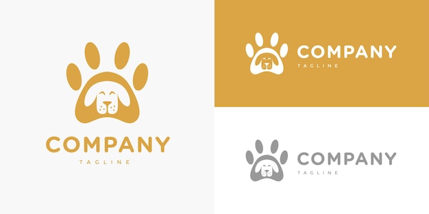 Testa di cane carino all'interno di un modello vettoriale di disegno del logo della zampa per la società commerciale del marchio