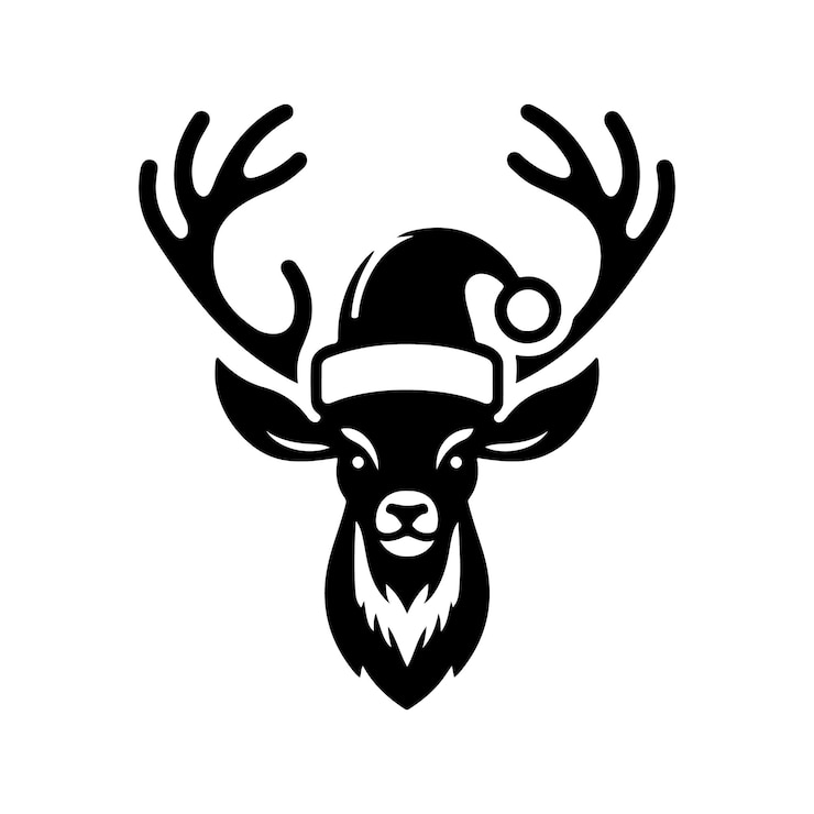 Vettore testa di cervo con icona del cappello di babbo natale silhouette vettore su sfondo bianco