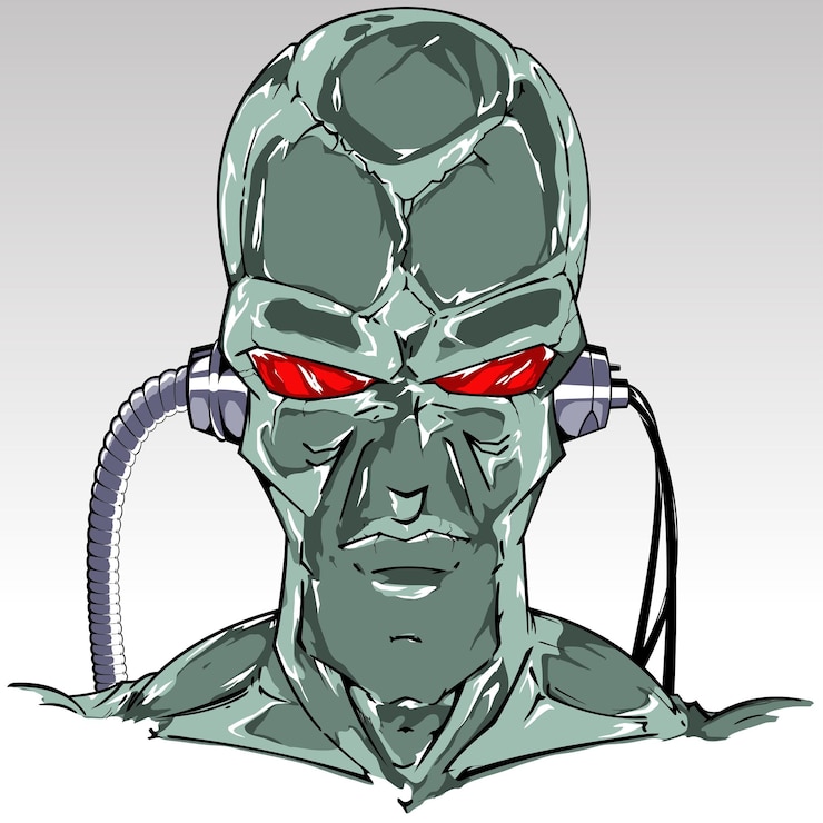 Vettore testa di cyborg di pelle verde lucido