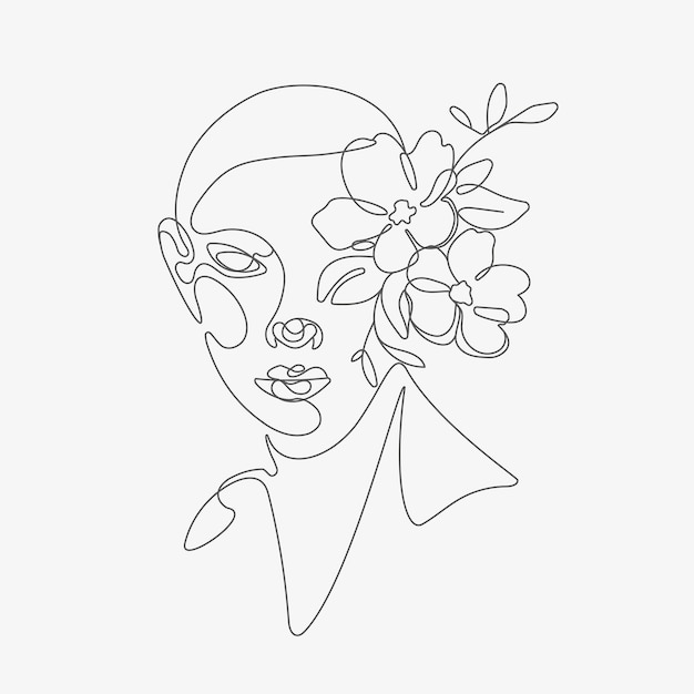 Testa di donna con composizione di fiori Illustrazione lineart disegnata a mano Disegno in stile una linea