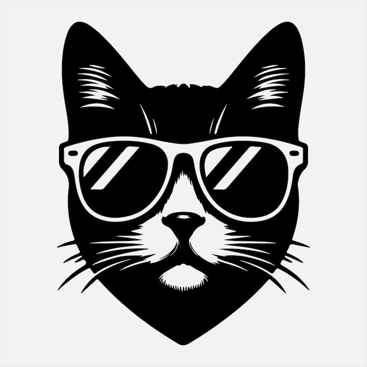 Vettore testa di gatto che indossa occhiali da sole disegno vettoriale di silhouette