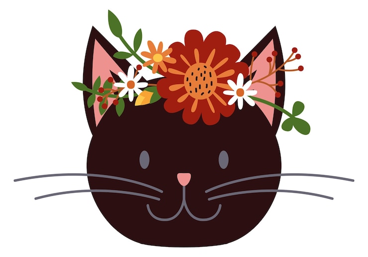 Vettore testa di gatto nero in bellissimi fiori ritratto animale decorativo