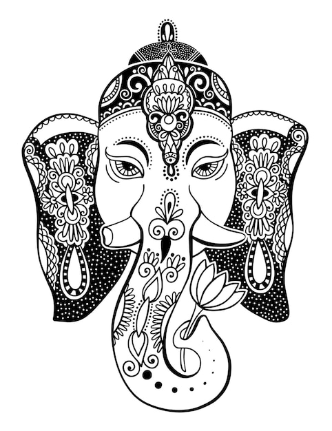 Testa di Lord ganesha con disegno di loto tatuaggio elefante animale spirito indiano o disegno yoga