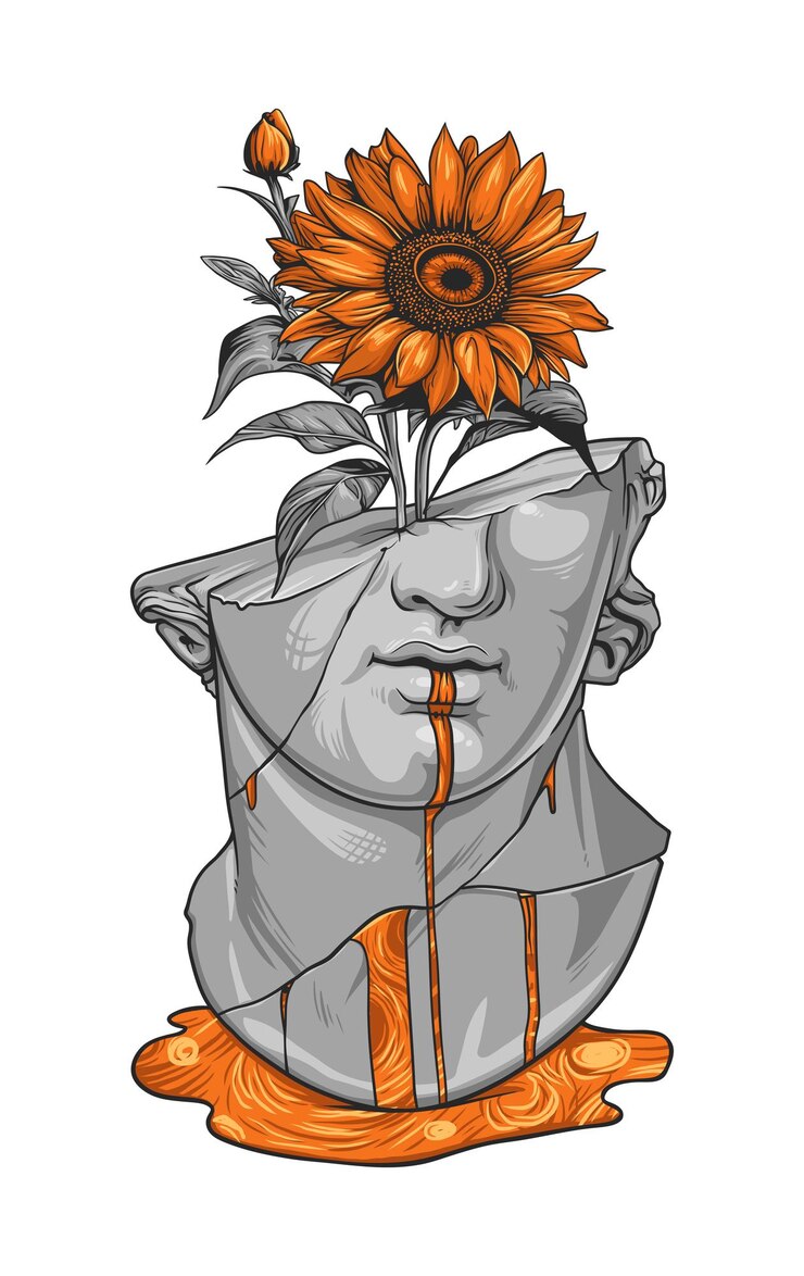 Vettore testa di statua surreale con gocce di girasole e arance