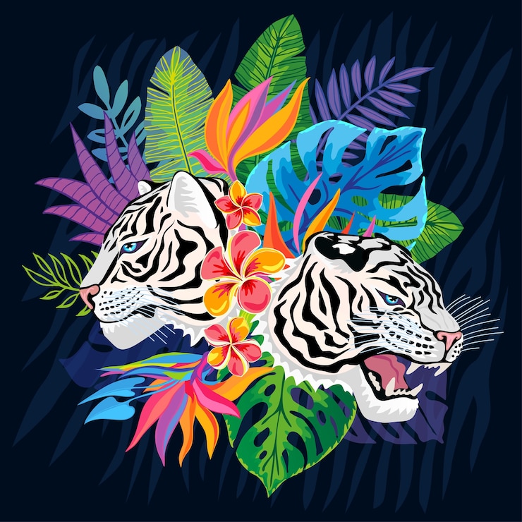 Vettore testa di tigre bianca in foglie tropicali colorate