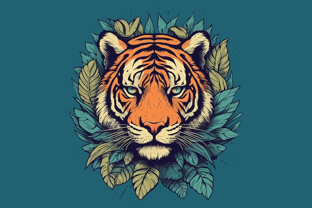 Testa di tigre con foglie e felci Illustrazione vettoriale