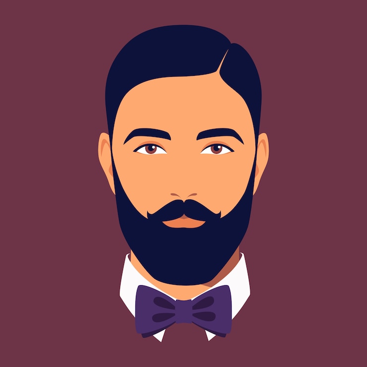 Vettore testa di uomo barbuto con farfallino. ritratto di uomo barbuto brunet. avatar di elegante dendy per i social network. ritratto maschile astratto, viso pieno. illustrazione in stile piatto