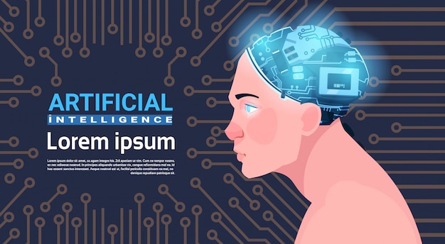Testa maschile con intelligenza artificiale del fondo della scheda madre del cervello di Cyborg